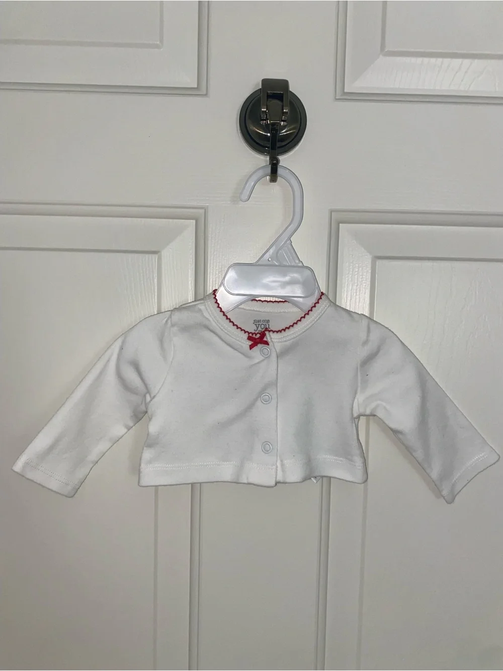 Carter's White Baby Cardigan with Red Scallop Trim and Bow